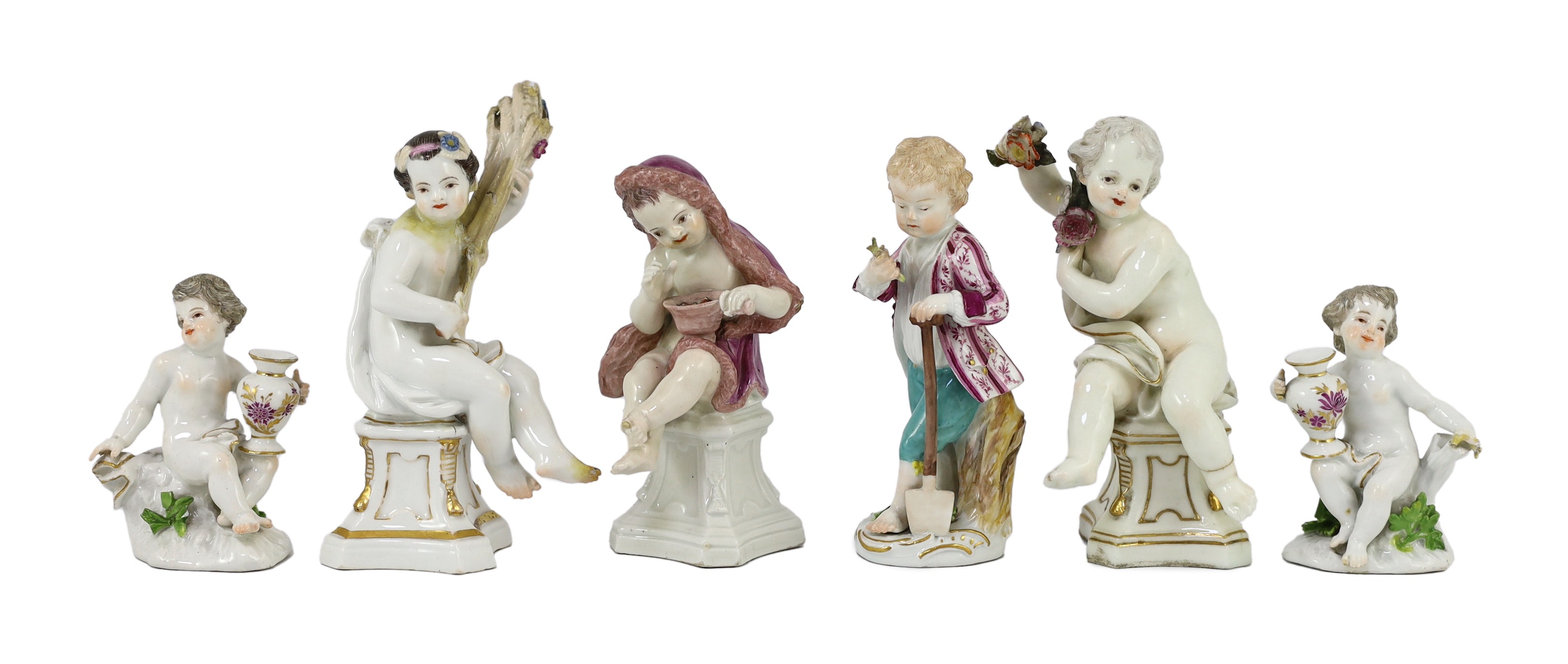 Six Meissen porcelain figures of putti and a boy, second half 18th century, 8.5cm - 14.5cm high, restorations